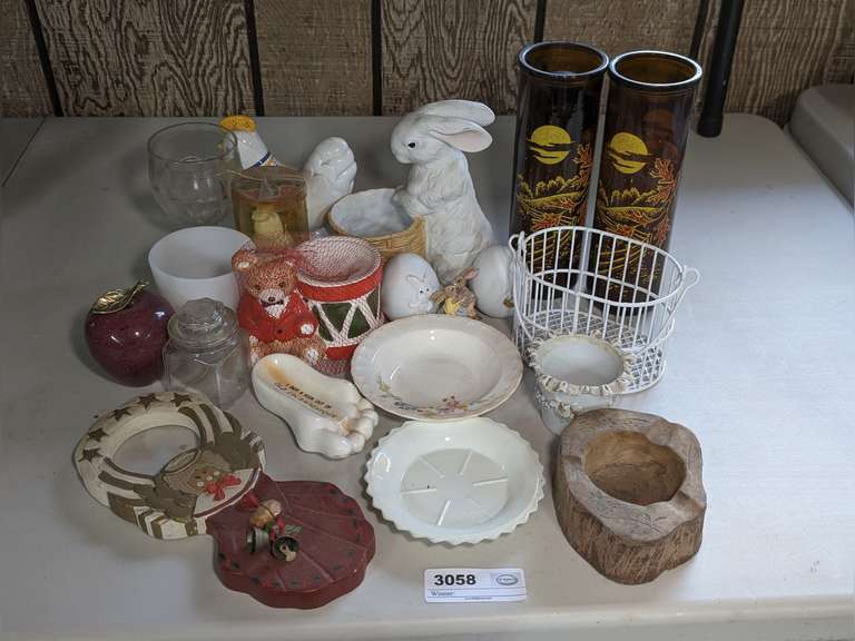 DECORATIVE FIGURINES, CANDLESTICKS, FOSTORIA MUG, AND MORE IN TABLETOP AREA MARKED 3058 image