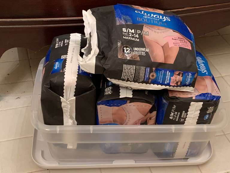 CRATE FULL OF ALWAYS DISCREET BOUTIQUE UNDERWEAR SIZE S/M (CONTAINER W/ LID INCLUDED) - UP MASTER BATH image