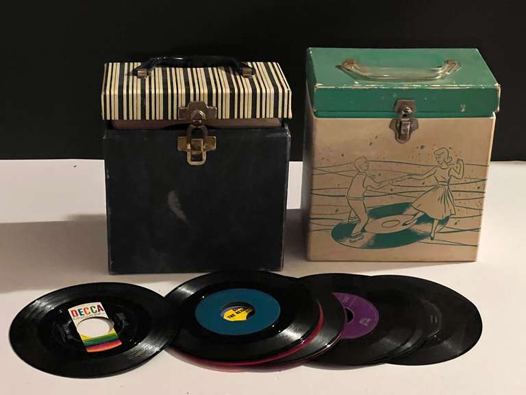 BR3… Vintage 45 record case holders, two pieces, includes some 45’s, see pictures for details. image