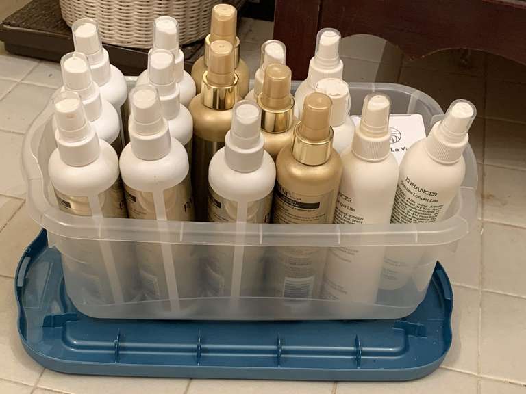 CONTAINER FULL OF PANTENE MIST DETANGLER & CONDITIONING MIST, JORGEN ENHANCER, & MORE (CONTAINER W/LID INCLUDED) - UP MASTER BATH image