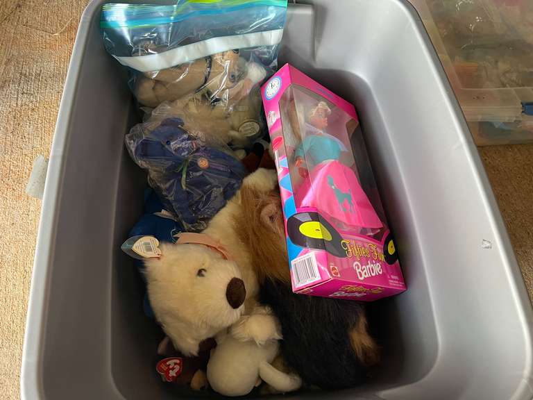 Tub of assorted beanie babies, and more. See pictures for details. image