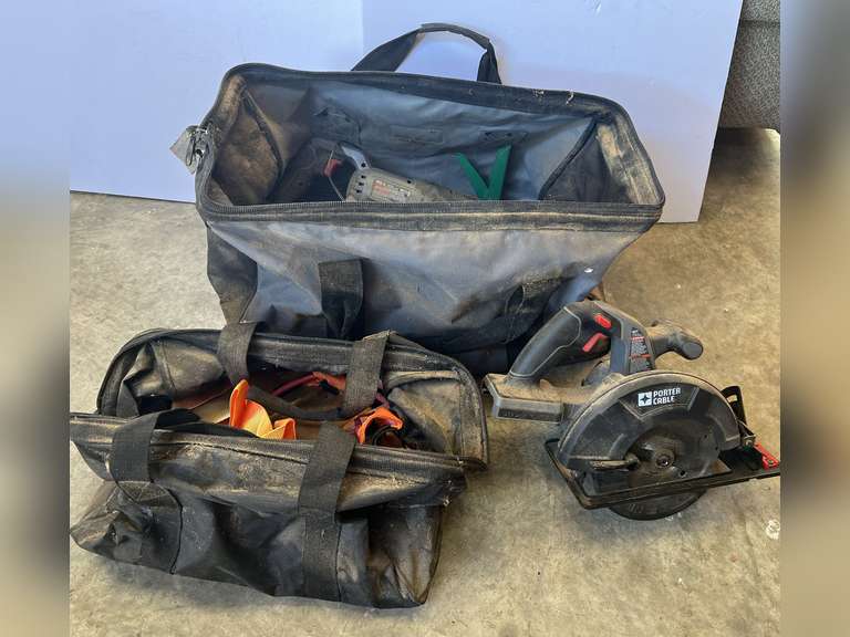 Porter-Cable battery powered tool kit, no batteries or charger, also comes with a Dewalt tool bag with content, see pictures for details. image