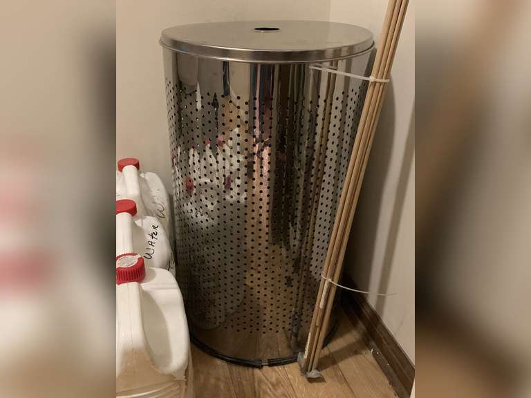 HEAVY DUTY SILVER METAL TRASH CAN, VINTAGE METAL IRONING BOARD & MORE - LAUNDRY image