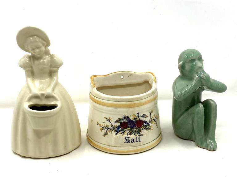LR… Vintage ceramic salt seller, this piece is cracked, also comes with small planter figurine, believe to be vintage Shawnee pottery, and a vintage monkey figurine, “speak no evil”, see pictures for details. image