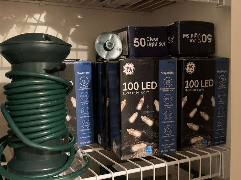 LOT TO INCLUDE 10 NEW BOXES OF 100 EACH GE CLEAR MINI LIGHTS & 2 NEW BOXES OF 50 EACH GE CLEAR MINI LIGHTS & MORE - UP HALL CLOSET image