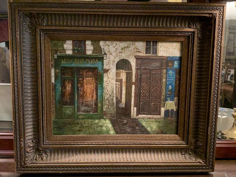 OIL ON CANVAS "LESCENE DURA STORE FRONTS" NICELY FRAMED SIGNED BY T. EMILE 24X20 - UP MASTER BED image