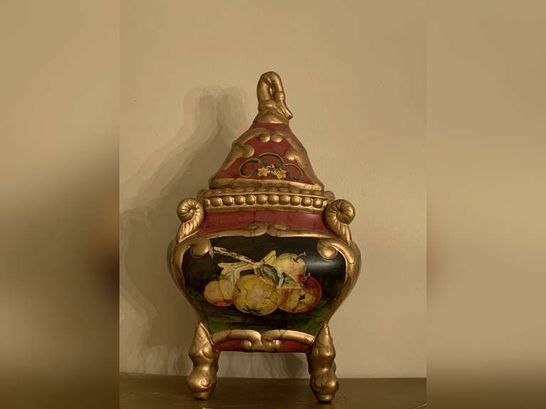 DECORATIVE CERAMIC HAND PAINTED LIDDED BOX 10 3/4" TALL X 6" WIDE - DINING ROOM image