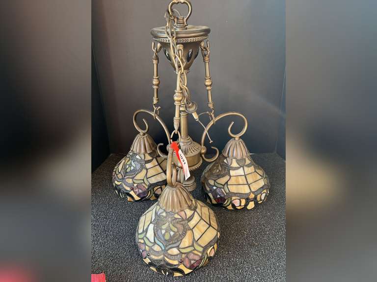 Three light, hanging swag light. Shades have a stained glass look, see pictures for details. image