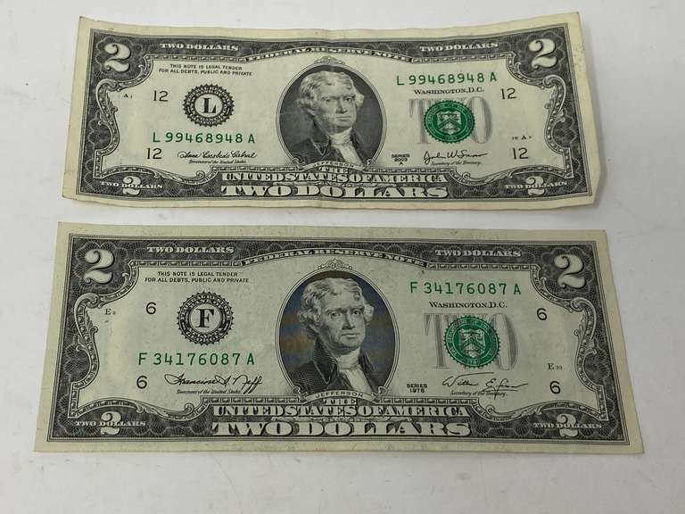 Two dollar bills, set of two, 1976 and 2003 A series, see pictures for details. image