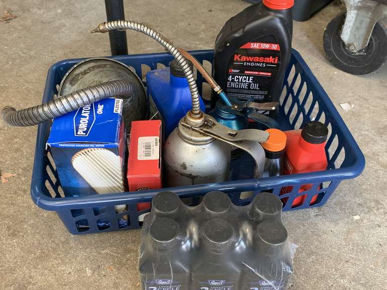CRATE TO INCLUDE 6 NEW 2 CYCLE ENGINE OIL, ONE 9+4 ENGINE OIL, VINTAGE OIL CAN & MORE (CONTAINER INCLUDED) - GARAGE image