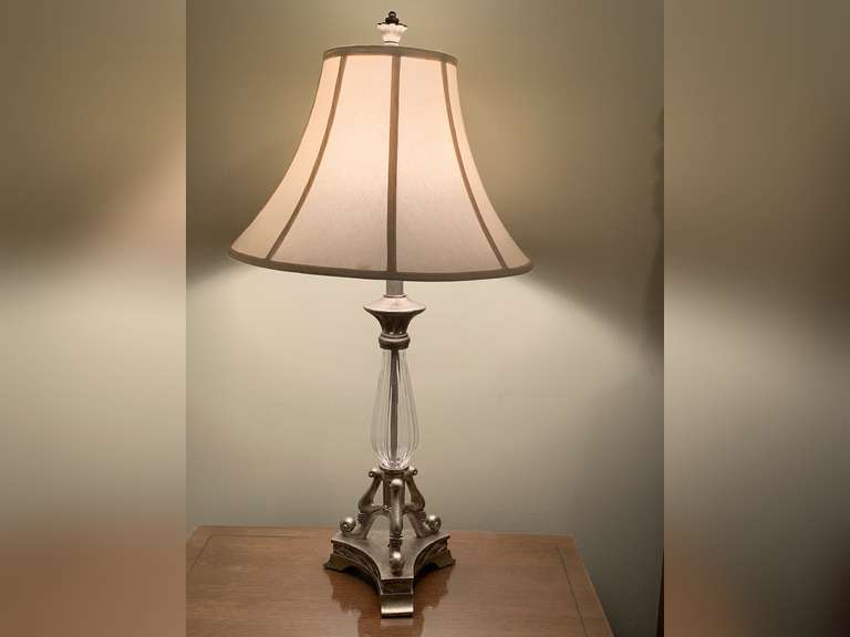 VERY NICE HEAVY PEWTER TONE & GLASS TABLE LAMP WITH NICE SHADE 32" TALL - UP BED 2 image