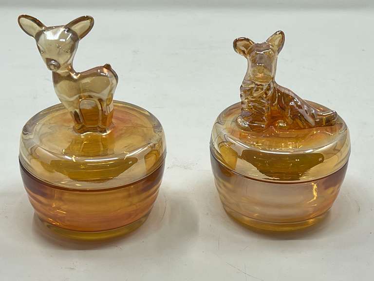 DEN…Vintage powder jars, two pieces, believed to be vintage Jeanette Marigold carnival glass, see pictures for details. image