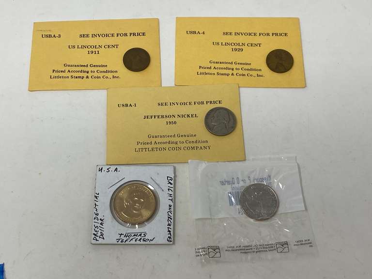Collectible US coins to include wheat pennies, an uncirculated 2003 Missouri quarter, and an uncirculated presidential dollar, see pictures for details. image