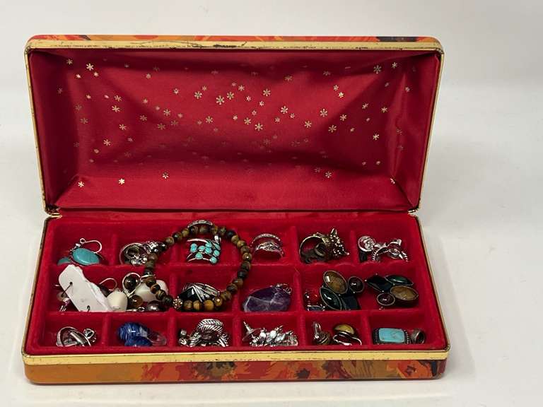 Small jewelry box filled with ladies fashion estate jewelry to include assorted rings, pendant, earrings, beaded bracelet, and more. See pictures for details. image
