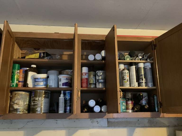 6 CABINETS FULL OF ASSORTED PAINT & SUPPLIES AND 2 BUCKETS FULL OF OTHER PAINTING SUPPLIES (SEE PICS) - GARAGE image