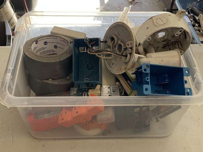 CRATE FULL OF ASSORTED ELECTRICAL SUPPLIES - GARAGE image