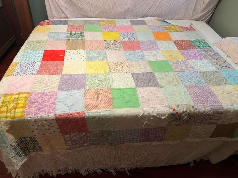 BR4… Vintage custom quilt, seller states a lot of these quilts were made by his grandmother, this piece is very worn in a couple of spots, see pictures for details. image