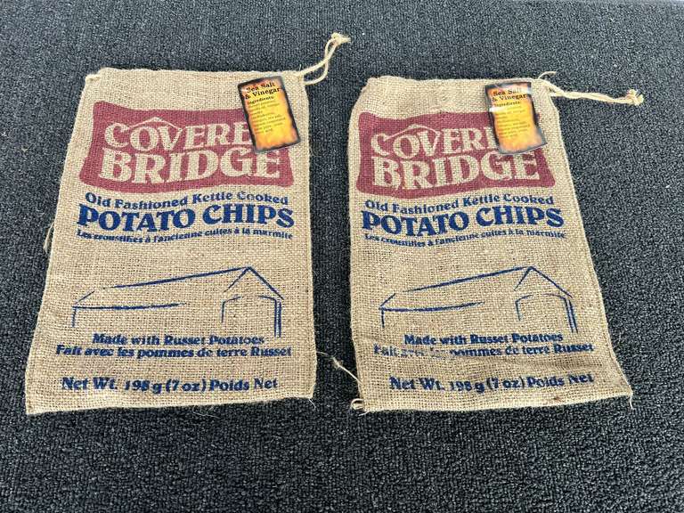 Covered Bridge burlap potato chip bags, set of two, see pictures for details. image
