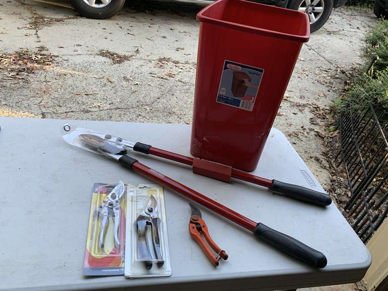 NEW CRAFTSMAN LOPPERS, NEW STIHL PRUNERS, NEW MR ZHU PRUNERS, OTHER PRUNERS & TRASH CAN - GARAGE image