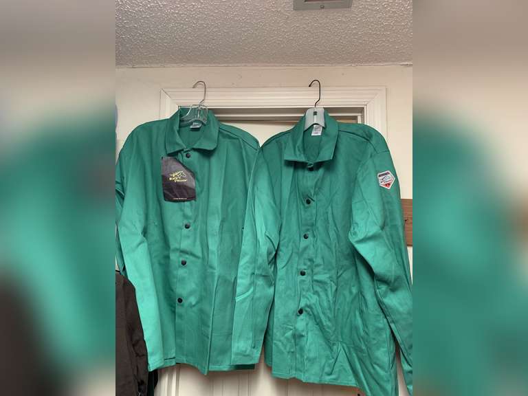 2 MEN'S FLAME RESISTANT SIZE LARGE GREEN JACKETS BY BLACK STALLION (1 NEW W/ TAG) - UP MASTER CLOSET 1 image