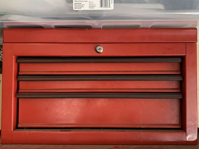 RED 3 DRAWER METAL TOOL BOX W/ TOP STORAGE & CONTENTS 22 1/4" WIDE X 13 1/2" TALL X 12 1/4" DEEP - GARAGE image