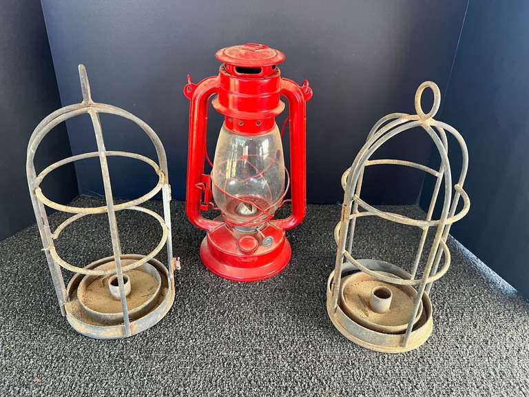 Vintage metal wire cloche, also known as a candle lantern or light bulb cage, set of two also includes a vintage looking lantern replica, see pictures for details. image