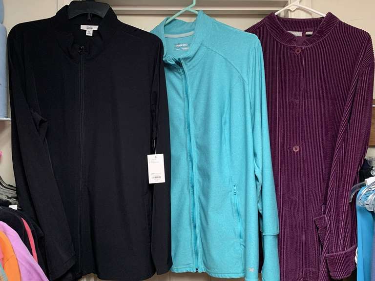3 LADIES SIZE 2XL JACKETS - 2 ATHLETIC JACKETS (ONE NEW W/ TAG) & NORDSTROM BUTTON UP CORDUROY JACKET - UP MASTER BED image