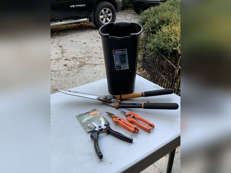 FISKARS 23" HEDGE SHEARS, NEW STIHL PRUNERS, 2 MORE PRUNERS & SMALL NEW TRASH CAN - GARAGE image