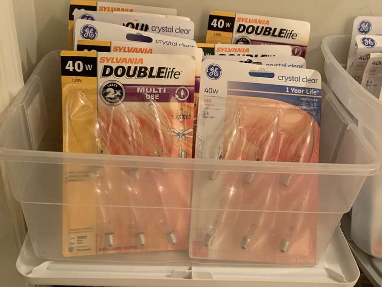 CRATE FULL OF 40 W SMALL BASE CHANDELIER BULBS (10 PACKAGES OF 6 - CRATE & LID INCLUDED - UP HALLWAY image