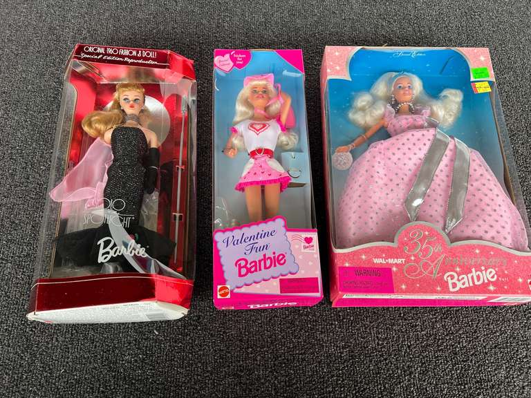 35th anniversary Barbie, special edition, Solo in the Spotlight Barbie, special edition, and Valentine Fun Barbie, all three pieces come in original boxes, see pictures for details. image
