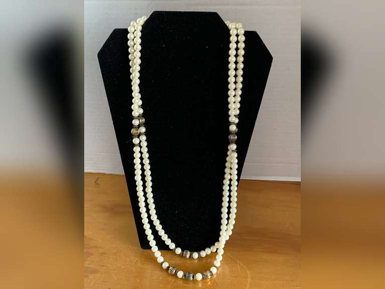 VINTAGE DOUBLE STRAND LONG FAUX PEARL NECKLACE WITH GOLD TONE BEADS 26" LONG - CHECKOUT image