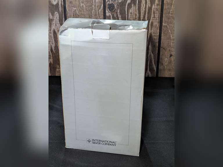 INTERNATIONAL SILVER COMPANY SILVER FINISH WROUGHT IRON SET OF THREE CANDLE HOLDERS IN ORIGINAL BOX image