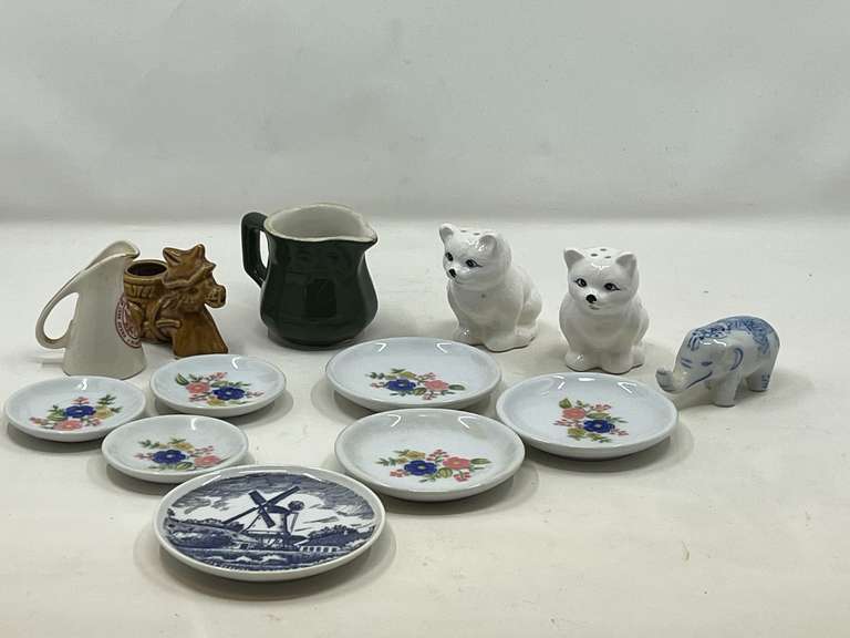 KIT… Ceramic kitty cat salt and pepper shakers, miniature plates, Shenango China small creamer, and assorted home decor. See pictures for details. image