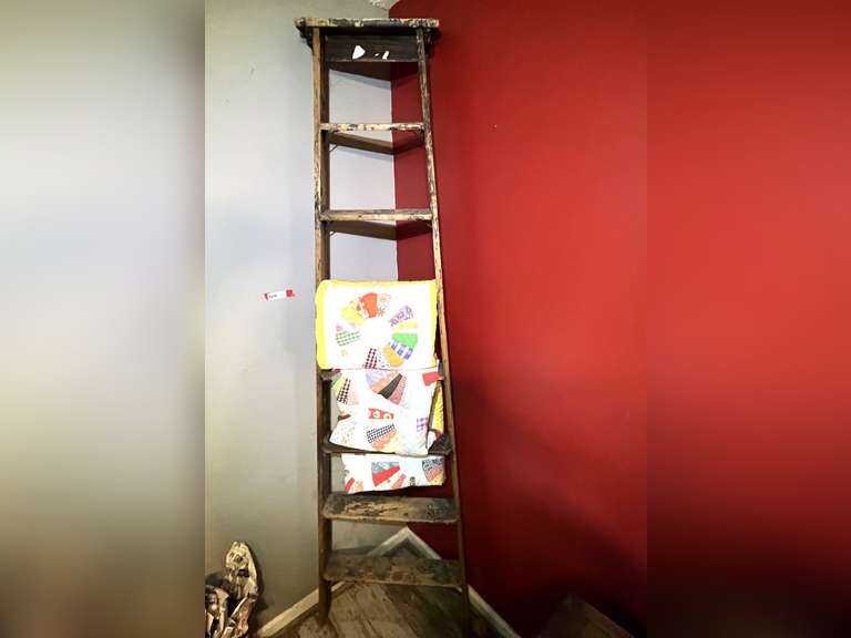 DEN… Blanket rack with two vintage custom quilts, this rack is fashioned from an old wooden ladder, see pictures for details. image