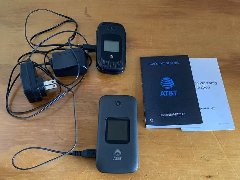 2 AT&T BLACK SMART FLIP PHONES W/ CHARGER & BOOK - CHECKOUT image