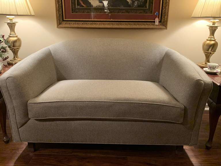 VINTAGE CAMEL BACK NEUTRAL UPHOLSTERED ONE CUSHION LOVESEAT (UPHOLSTERY DONE BY ROWLAND'S - IN EXCELLENT CONDITION) 61" LONG X 37" DEEP X 33" TALL - LIVING ROOM image