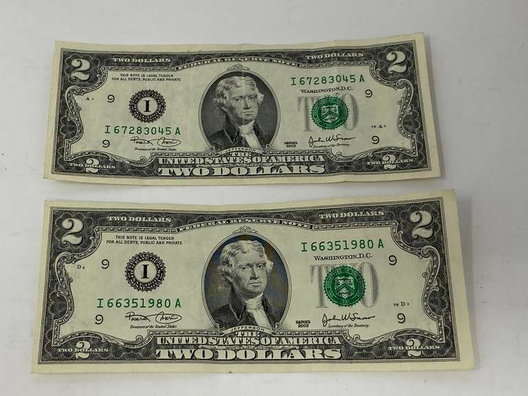 Two dollar bills, set of two, 2003 series, see pictures for details. image