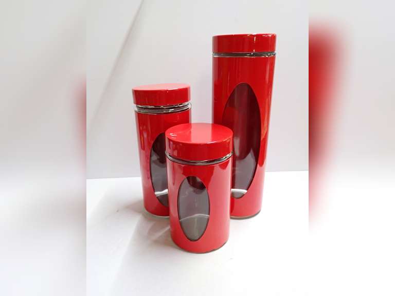 Set of 3 Red Kitchen Canisters with Clear Windows image