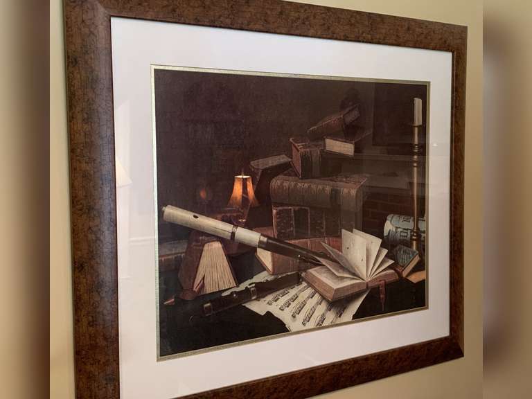 WILLIAM HARNETT "MUSIC AND LITERATURE" NICELY MATTED/FRAMED PRINT 31" X 37" - DEN image