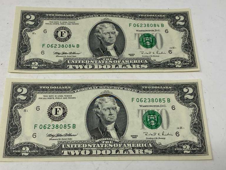 Two dollar bills, set of two, 1995 series, see pictures for details. image