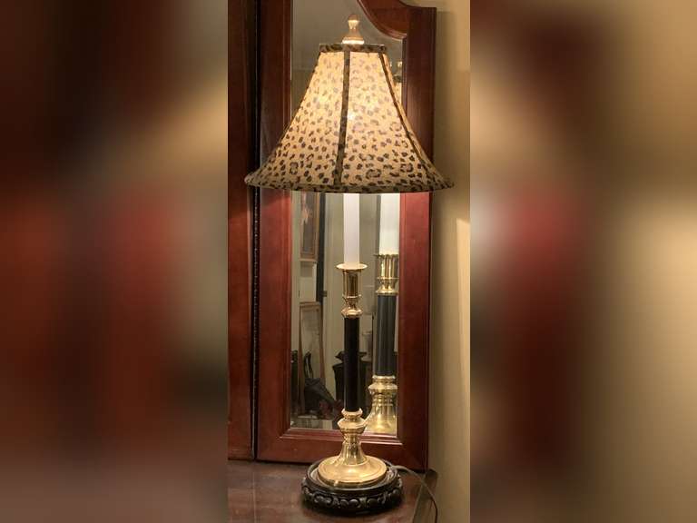TALL BLACK/BRASS CANDLESTICK LAMP WITH LEOPARD SHADE ON CARVED STAND 30" TALL - UP MASTER BED image