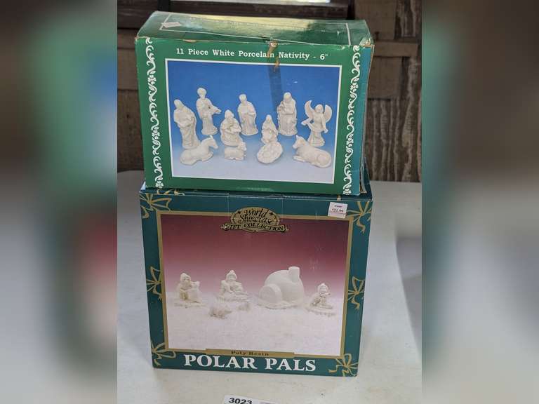 VINTAGE 11-PIECE WHITE PORCELAIN NATIVITY SET AND WORLD SHOWCASE GIFT COLLECTIONS POLY RESIN POLAR PALS FIGURINES, BOTH IN ORIGINAL BOXES image
