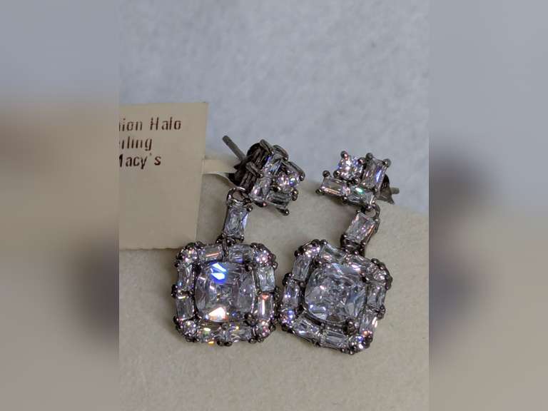 Sterling Silver Cubic Zirconia Halo Drop Earrings image