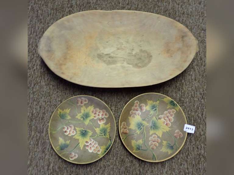 Wooden Dough Bowl and Painted Plates Set image