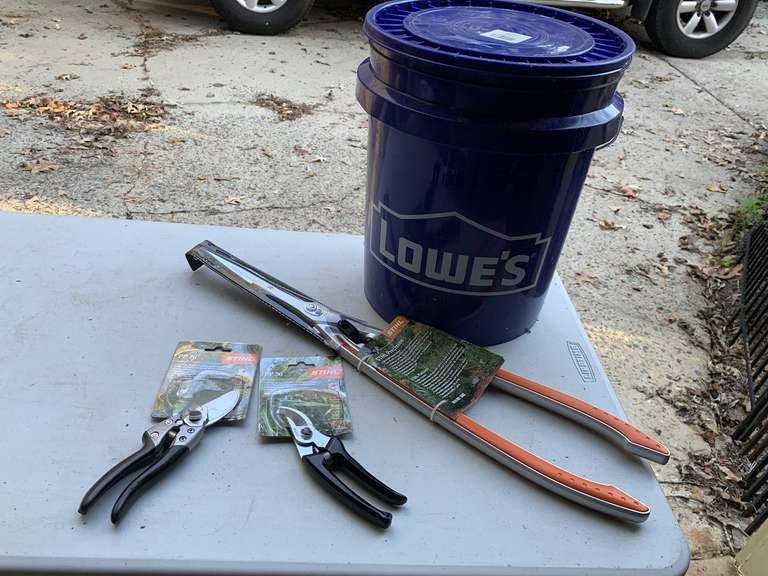 5 NEW GALLON BUCKETS NEW STIHL LONG HANDLE PRUNING SHEARS & 2 NEW STIHL PRUNING SHEARS - GARAGE image