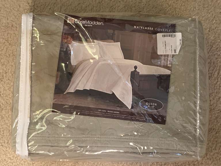 NEW CHRIS MADDEN QUEEN MATELASSE COVERLET 92X96 - SAGE - UP BED 1 image