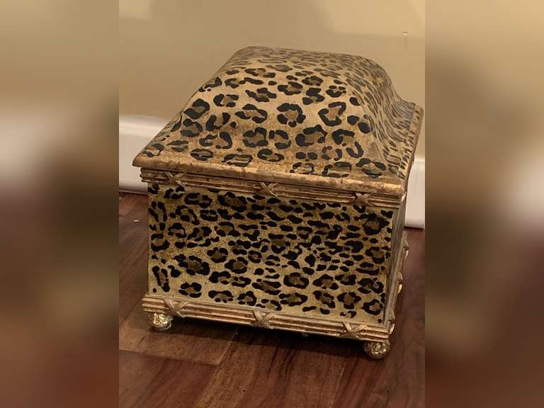 WOODEN DECORATIVE LEOPARD PATTERN BOX 11" SQUARE X 12" TALL - DEN image