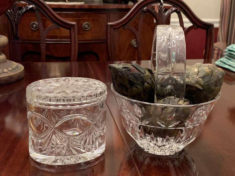 LEAD CRYSTAL "TULIP GARDEN" GLASS FLOWER BASKET BOWL W/ HANDLE 8" TALL X 6 3/4" WIDE & VINTAGE LEAD CRYSTAL OVAL BOX WITH LID BY JULIA CRYSTAL 4 1/2" ROUND X 4 1/2" TALL - DINING ROOM image