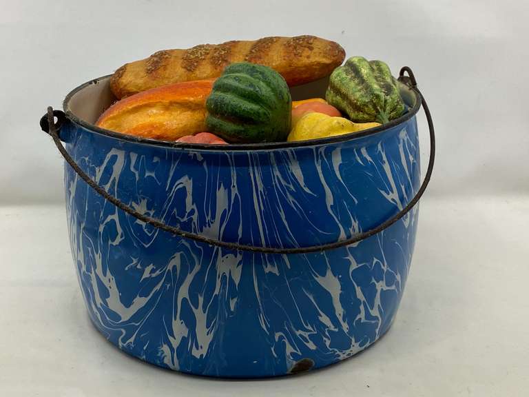KIT… Vintage swirl enamelware pot with handle and content, see pictures for details. image