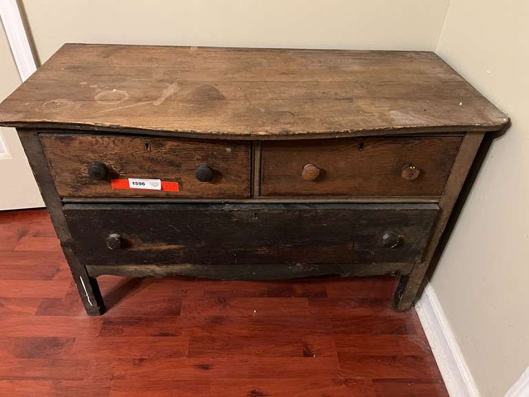 BR4… Rustic/primitive three drawer chest, items that may be shown in pictures are sold in separate lots, see pictures for details. image